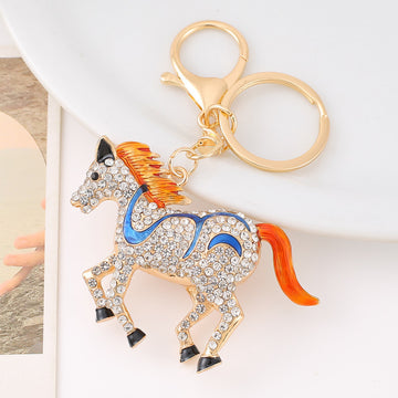 Rhinestone Running Horse Metal Keychain Enamel Stripe Charm