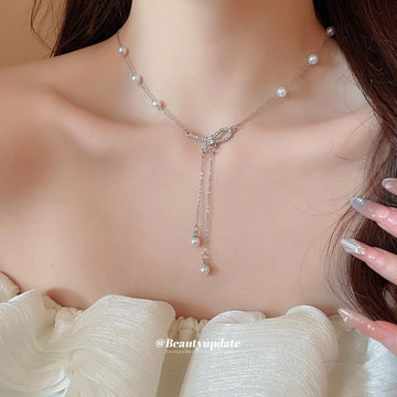 Silver Rhinestone Bow Pearl Y Necklace Dual Pearl Drops