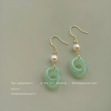 Gold Tone White Pearl And Pale Green Double Loop Hook Earrings