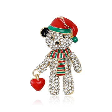Crystal Teddy Bear Brooch With Red Santa Hat And Heart Drop