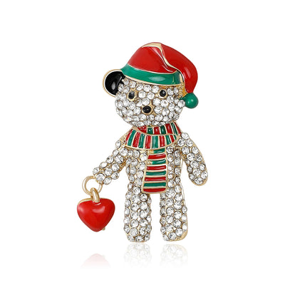 Main front view of Crystal Teddy Bear Brooch With Red Santa Hat And Heart Drop