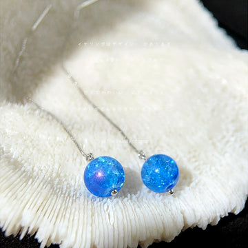 Blue Crackle Glass Sphere Threader Earrings Silver Tone
