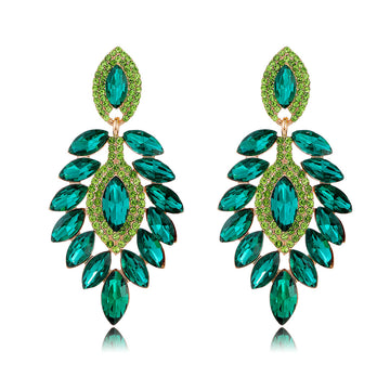 Aqua Green Green Marquise Leaf Geometric Crystal Five Designs Metal Dangle Earrings