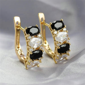 Gold Tone Black Clear Oval CZ Huggie Hoop Earrings