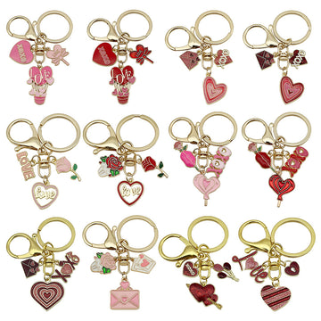 Twelve Pink and Red Love Heart Metal Keychain Designs