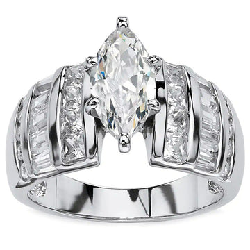 Marquise Clear Solitaire Baguette-Side Wide Ring In Silver Tone