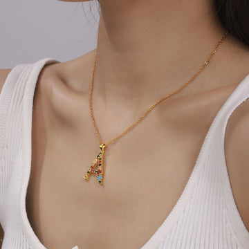 Multicolor Zircon Letter Pendant Necklace On Gold Tone Chain