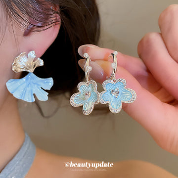 Blue Floral Drop Earrings with Shell Like Petal Tops