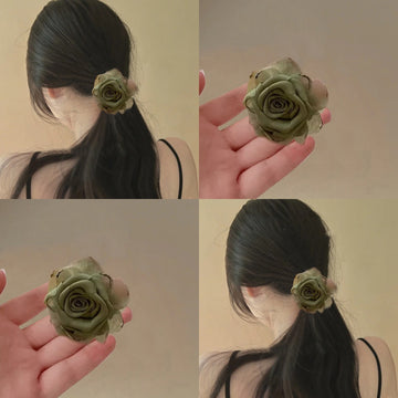 Sheer Fabric Rose Flower Hair Tie Elastic Band Pink