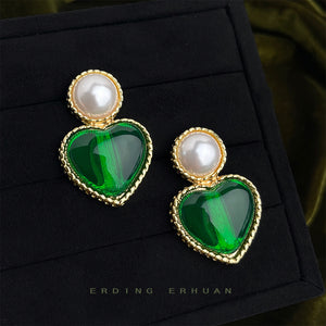 Pearl Stud Green Heart Drop Earrings Gold Twisted Bezel