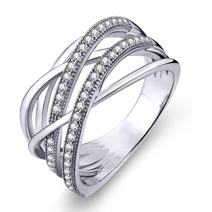 Silver Tone Multi Band Crisscross Clear Stone Ring Sizes 6-10