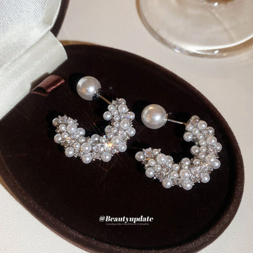 Silver Tone Pearl Look Crescent Stud Earrings with Beaded Texture