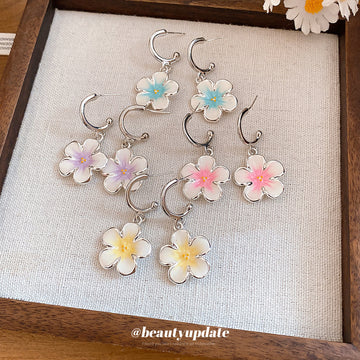 Pastel Flower Silver Tone C Hoop Earrings Four Colors