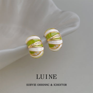 Gold Tone Green White Enamel And Clear Stone Stripe Chunky Stud Earrings