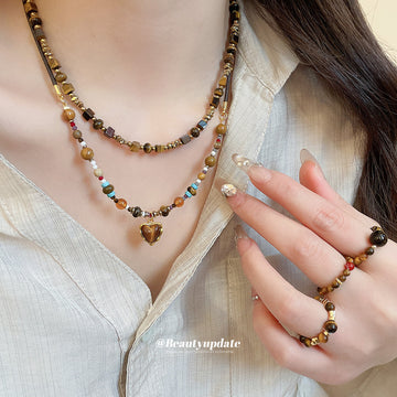 Brown Round Bead Stretch Ring Large Center Stone Accents