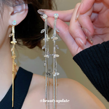 Gold Tone Butterfly and Vine Stud Earrings with Long Tassels