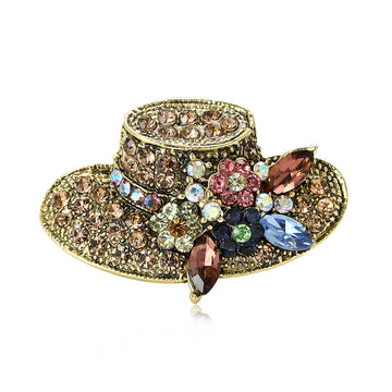 Rhinestone Sun Hat Brooch Multicolor Flower Antique Silver Gold