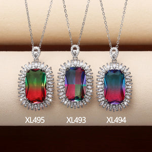 Silver Tone Gradient Crystal Rectangle Pendant Necklace