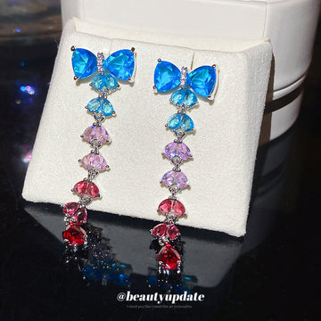 Blue Pink and Red Crystal Bow Long Drop Earrings Fashion Jewelry