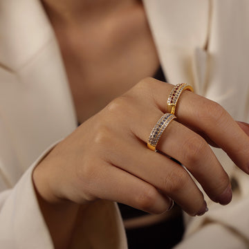 Gold Triple-Row Open Adjustable Ring Blue Red Crystal Pavé