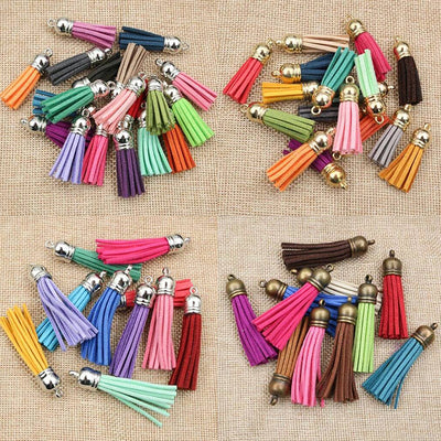 Colorful Suede Tassel Pendants arranged in the pictured color and finish options