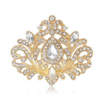 Ornate Crystal Filigree Crown Brooch in Gold and Silver