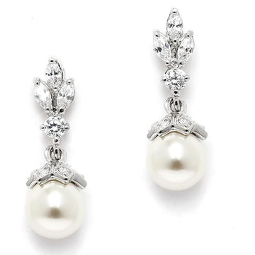 Silver Tone Marquise Cluster Pearl Drop Earrings Pair