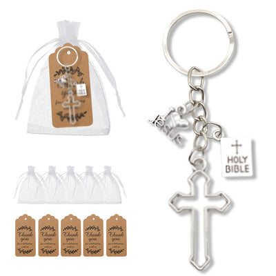 Packaging overview shows the cross dove and Bible charm keychain with an organza bag and kraft tags.