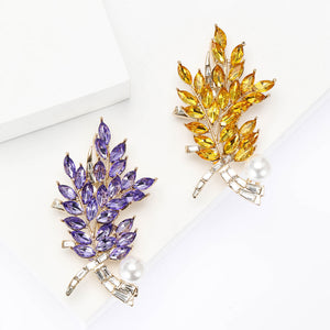 Rhinestone Wheat Ear Brooch with Pearl Gold Tone Metal