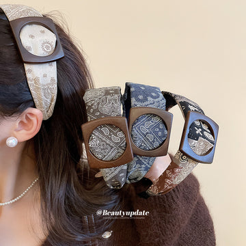 Paisley Fabric Wide Headband Dark Wood Frame Buckle 2 Styles