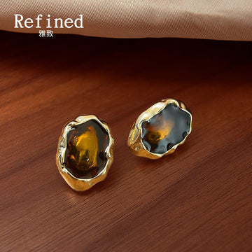 Gold Irregular Frame Amber Glass Cabochon Stud Earrings