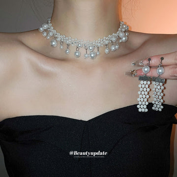Silver Pearl Rhinestone Multi Row Choker Tassel Clip Earrings