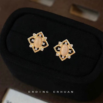 Gold-Tone Open Flower Cat Eye Stone CZ Stud Earrings