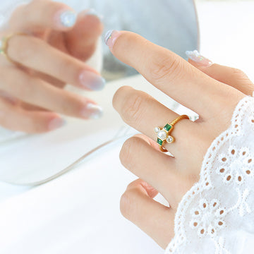 Gold Steel Pearl Green Square Rhinestone Thin Rings