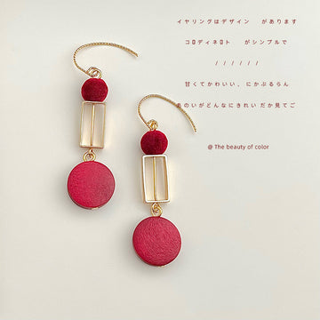 Gold Hook Earrings with Wine Red Balls and Round Disc Drops