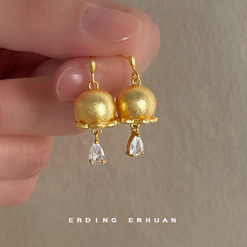 Matte Gold Bell Flower Drop Earrings Clear Teardrop CZ
