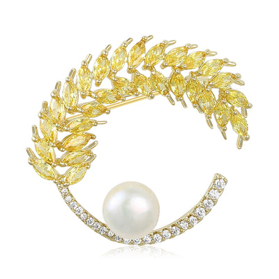 Yellow crystal wheat ear brooch with pearl and clear arc front view
