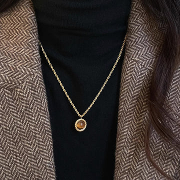Brown Round Pendant Necklace in Gold Tone Statement Jewelry