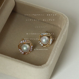 Gold Tone Clear Stone Halo Large White Pearl Stud Earrings