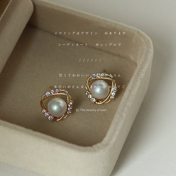 Gold Tone Clear Stone Halo Large White Pearl Stud Earrings