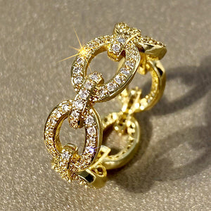Pave Chain-Link Band Ring in Gold or Silver Tone, Brass with Zirconia