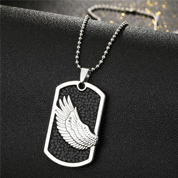 Silver Tone Black Dog Tag Pendant Necklace with Raised Wing Detail