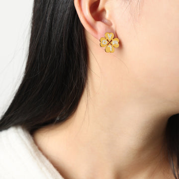 Gold Clover LOVE Letter Stud Earrings Crystal Accent Design