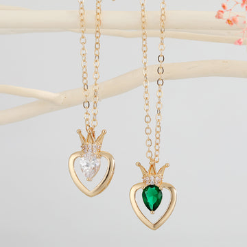 Gold Tone Crown Heart Crystal Pendant Necklaces in Two Colors