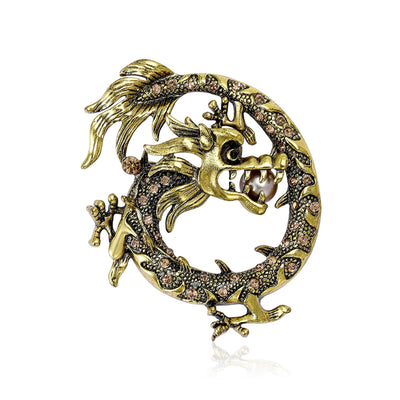Antique Tone Coiled Dragon Brooch displayed from the front
