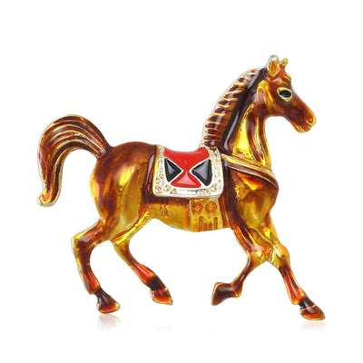 Front view of colorful running horse enamel brooch in brown and red