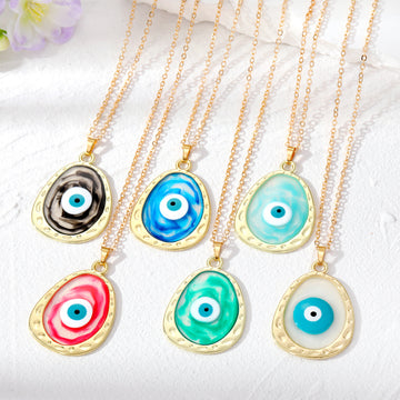 Gold Tone Oval Resin Evil Eye Pendant Necklaces in Six Colors