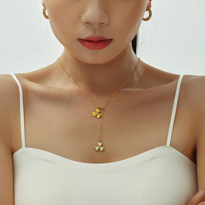 Gold Heart Clover Y Necklace Shell Inlay Slider Adjustable