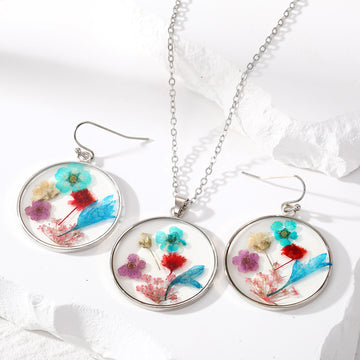 Silver Tone Round Pressed Flower Resin Necklace and Earring Options in Four Designs