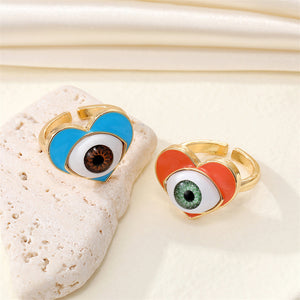 Gold-Tone Heart-and-Eye Enamel Rings with an Adjustable Band